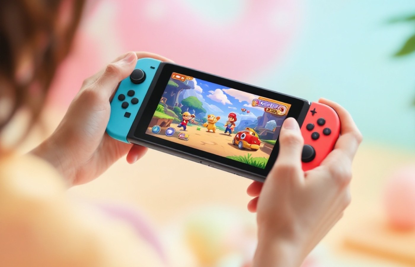 A hybrid handheld console held in two hands, mid-game