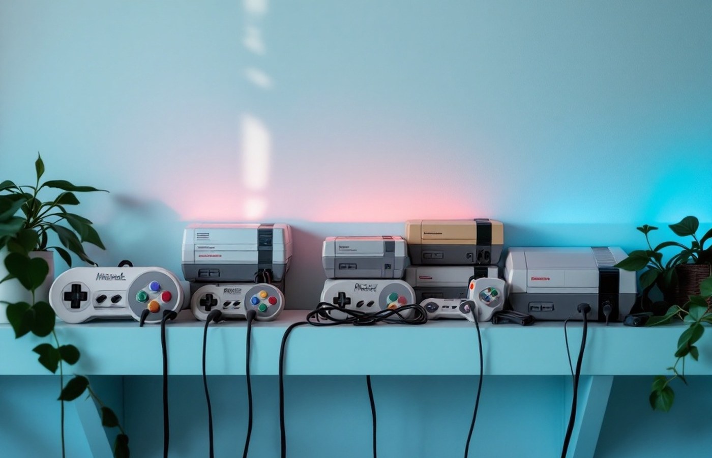 A shelf of Nintendo consoles across the years